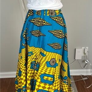 Pleated Blue and Yellow Midi A-Line Skirt